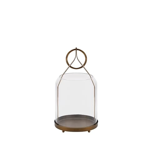 6" Wide Modern Hurricane Candle Holder with Handmade Scandinavian Glass Sleeve in Antique Brass for Pillar Candle & Plants, Hurricane Lantern Industrial, Minimalistic, Shabby Chic (1, Brass, 6"x10")