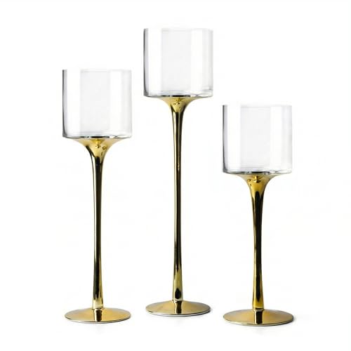 Royal Imports Glass Candleholder Flower Vase, Floating & Pillar Candle Centerpiece Display, Decorative Hurricane on Pedestal for Home or Wedding Set of 3, Gold - color: Gold