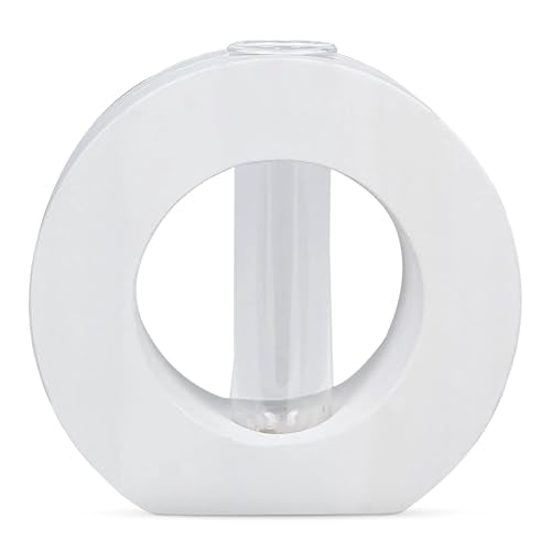 Young's Inc Wood Tabletop with Glass Flower Vase - color: Round,white
