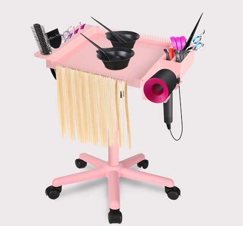 Extension Salon Tray Hair Extension Cart Tray Pink Multi-Function Extensions Rolling Tray with Blow Dryer Holder and Storage Platform - color: L-pink