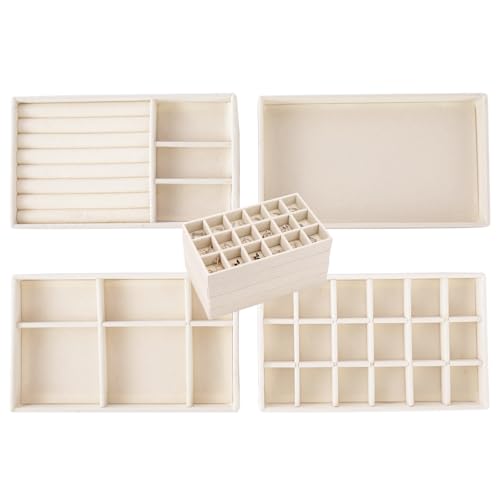 Stackable Jewelry Organizer Trays for Drawer, Set of 4 Velvet Jewelry Drawer Inserts in Dresser, 8in Storage Display Case for Rings Stud Necklaces Accessories(Beige) - color: Beige