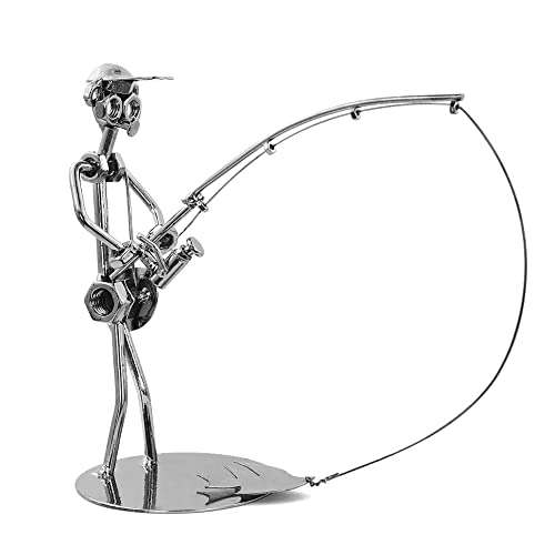Creative Fisherman Iron Statue Metal Sculpture,A Man with Fishing Rod and A Removable Fish Statue Ornament Figurine for Father's Day Birthday Christmas Dad Man Boy Gift Office Home Desk Decor