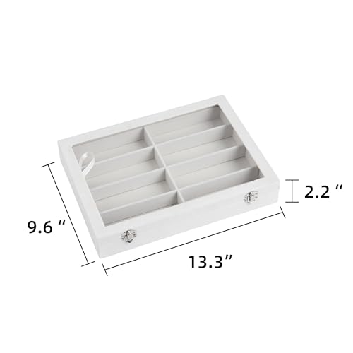 Frebeauty Sunglass Organizer,Velvet Glasses Organizer,8-Slot Sunglasses Tray with Clear Lid,Men's/Women's Sunglasses Box,Sunglass Case,13.3 x 9.6 x 2.2 Inches,Eyeglass/Eyewear Display Tray(White) - color: White, style: With Lid