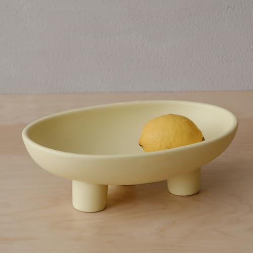 WENSHUO Three-Legs Ceramic Fruit Bowl for Kitchen Counter, Decorative Bowl for Table Décor, 10-inch Oval Large Bowls for Breads (Matte Yellow) - color: Matte Yellow
