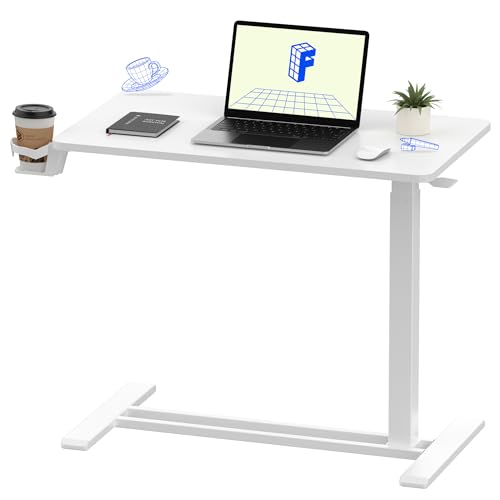 FLEXISPOT H7 Adjustable Overbed Bedside Table with Wheels Pneumatic Mobile Standing Laptop Desk Rolling Computer Cart Movable Overbed Table Hospital Home Use (31.5" W x 17.7" D, White Large) - color: White, size: Large