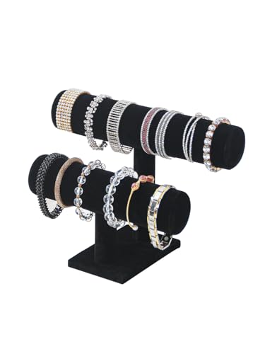 Coward 2 Tier Bracelet Holder Jewelry Display Stand, Necklace Bangle Bracelet Watch Organizer Storage Rack, Jewelry Show Tower for Women (Black Velvet) - color: Black, size: 2 Tier