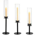 3 Pcs Black Hurricane Candlestick Holders, Metal Taper Candle Holder Set, Tall Glass Cylinder Design, 13.97 to 18.7 in Decorative Table Centerpieces for Wedding, Dining, and Fireplace