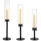 3 Pcs Black Hurricane Candlestick Holders, Metal Taper Candle Holder Set, Tall Glass Cylinder Design, 13.97 to 18.7 in Decorative Table Centerpieces for Wedding, Dining, and Fireplace
