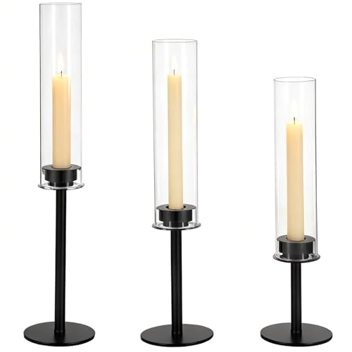 3 Pcs Black Hurricane Candlestick Holders, Metal Taper Candle Holder Set, Tall Glass Cylinder Design, 13.97 to 18.7 in Decorative Table Centerpieces for Wedding, Dining, and Fireplace