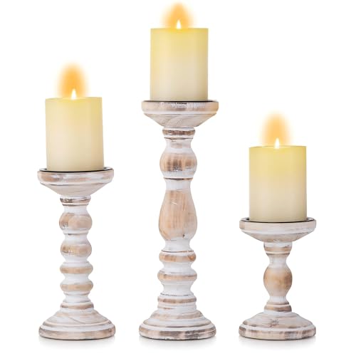 Wooden Pillar Candle Holder: Rustic White Candle Stand Wood Distressed Candleholders Farmhouse Fall Decor for Christmas Fireplace Mantle Dining Table Living Room Shelf Set of 3 - color: Rustic White, size: 5.9", 8.26", 11.81"