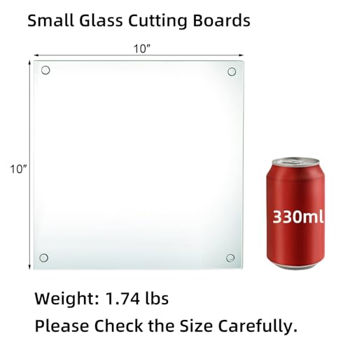 Hacaroa Set of 4 Tempered Glass Cutting Board, 10"x10" Small Square Chopping Board with Rubber Feet, Non-slip Placemat Tray for Kitchen Countertop, Shatter-Resistant, Clear