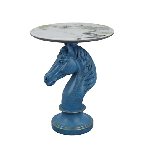 Modern Accent Table Living Room Horse Statue Blue and White Contemporary‌ Faux Marble Night Stand Side Table with Horse Head Base Reception Area & Bedroom（Width 19.69" ——Tall 24.8"） - style: Blue white horse head table