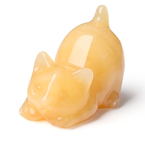 2" Yellow Topaz Cat Crystal Statue Figurines for Healing Crystals Spiritual Stone Sculpture Lazy Cute Carved Natural Gemstones Home Office Statue Decor Cat Lover Gifts for Women Lovers - color: Yellow-topaz