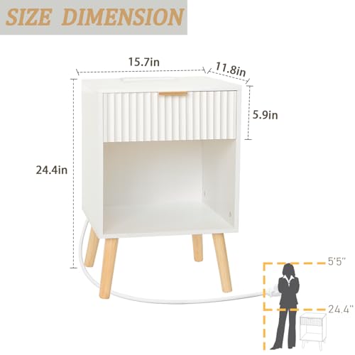 Fultyle White Nightstand with Charging Station, Mid Century Modern Bedside Table with Drawers and Outlet,Side Tables Living Room, Wooden Night Stand for Bedroom, Office (White) - color: White With Charging Station