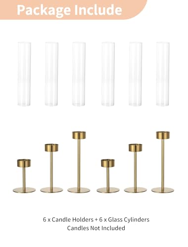 NUPTIO Hurricane Candle Holder for Centerpiece: Set of 6 Gold Taper Candle Holders Bulk - Tall Brass Candlestick Holders with Cylinder Shape Cover for Dinner Table Christmas Decor - size: 6 pcs