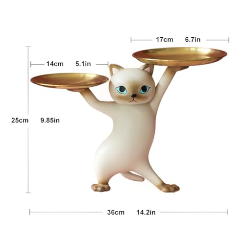 Surakey Resin Cartoon Cat Sculpture with Metal Tray Animal Statue Figurine Storage Tray Key Tray Sundries Candy Container Nut Tray Double Tray for Home Desk Decor Gift (Gray)