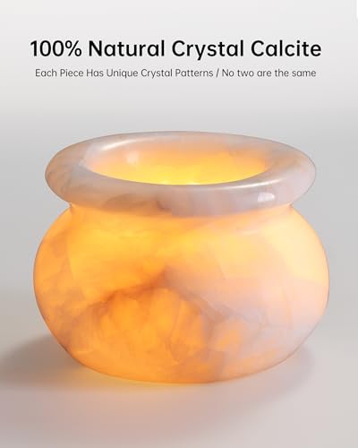 Natural Calcite Tealight Candle Holder, Crystal Bowl, Hand Carved Solid Stone Bowl, Unique Crystal Pattern, Decorative Candle Holder for Home Decor, Bathroom, Meditation, Gift