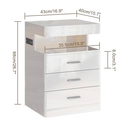 Treocho Led Nightstand with Hidden Space, Modern Night Stand with Charging Station, 3 Drawer Smart Nightstand with Glossy Finish, Tall Bedside Table with RGB Lights for Bedroom, White - color: White