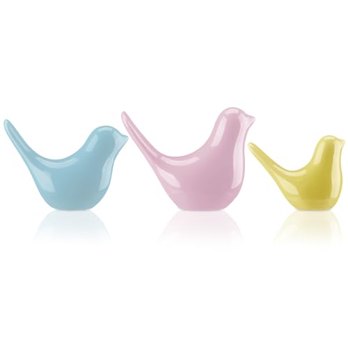 AceOrbit 3 Pcs Spring Small Animal Statues Pink Birds Decor Pastel Color Sculpture Ornaments Blue Yellow Bird Figures for Spring Home Office Table Desktop Bookshelf Mantelpiece Shelf - style: Cute Style