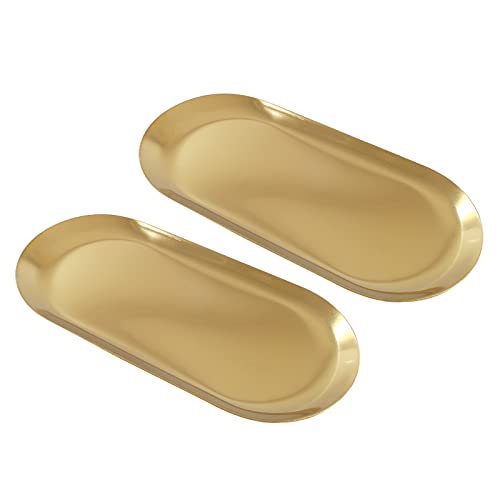 Hitefu 2 Pcs 7" Gold Stainless Steel Decorative Tray, Oval Jewelry Tray, Trinket Plate Organizerfor Bathroom, Cosmetics, Perfume Serving - color: Gold