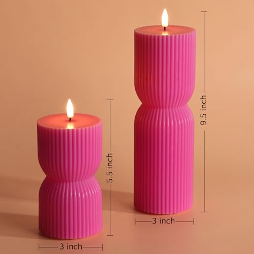 Hot Pink Ribbed Flameless Pillar Candles with Remote, Real Wax Flickering Battery LED Candles Set of 2 - color: Hot Pink