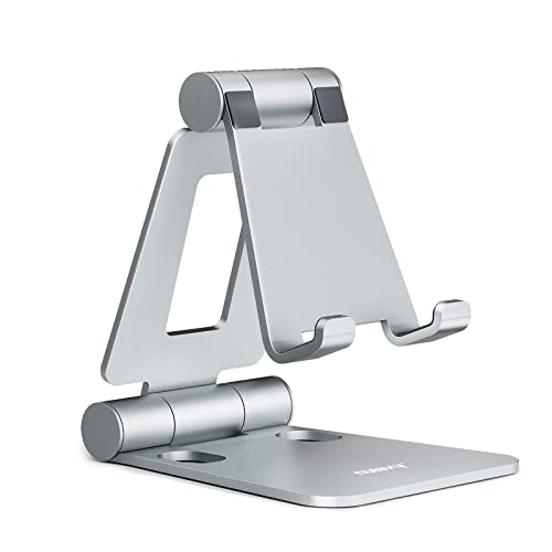 Nulaxy Dual Folding Cell Phone Stand, Fully Adjustable Foldable Desktop Phone Holder Cradle Dock Compatible with iPhone 17 16 15 14 13 12 11 Pro Max Xs Xr X 8, Nintendo Switch, All Phones - Silver - color: B-Silver