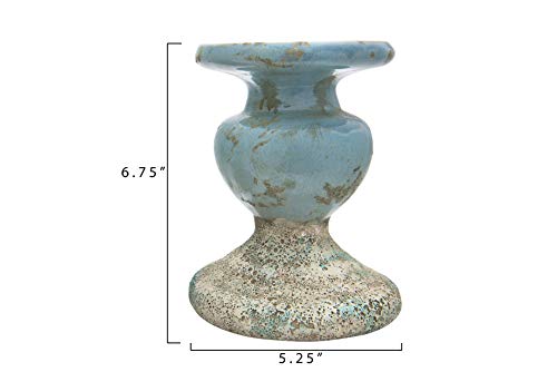 Creative Co-Op Large Distressed Blue Terracotta Pillar Candle Holder - color: Blue, size: 5.5" W x 6.5" H