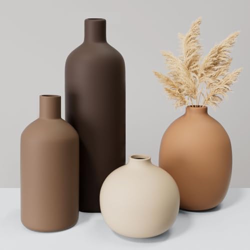 Ceramic Vase Set of 4, Decorative Neutral Modern Flower Vases for Home Decor, Living Room, Shelf Decor, Bookshelf, Kitchen, Centerpiece, Table, Bedroom, Office, Farmhouse