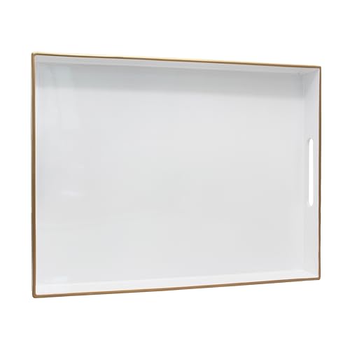 15.8" x 11.8" White Plastic Serving Tray with Gold Trim and Handles, Decorative Rectangular Tray for Ottoman, Coffee Table, Kitchen Counter, Bathroom Vanity, Heavy-Duty & Easy to Clean - color: White