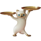 Surakey Resin Cartoon Cat Sculpture with Metal Tray Animal Statue Figurine Storage Tray Key Tray Sundries Candy Container Nut Tray Double Tray for Home Desk Decor Gift (Gray)