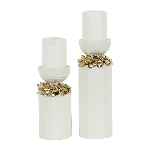 Deco 79 Ceramic Decorative Candle Holder Candle Stand with Abstract Spotted Pattern and Gold Leaf Accents, Set of 2 Candlestick Holder 12", 9" H, White