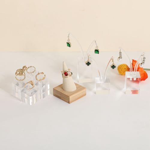 GemeShou Beige wood ring storage organizer, Velvet Jewelry ring display holder, Cute ring display stand for selling, wedding ring holder at nightstand【Beige with single cone】 - size: Small