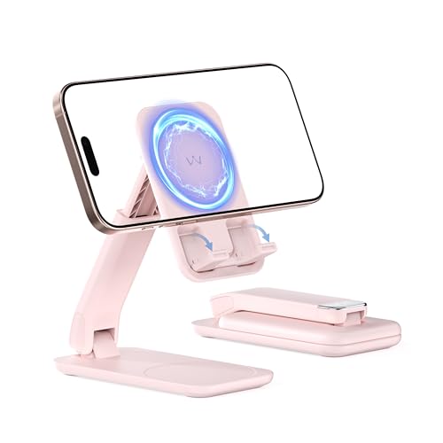 iWALK Magnetic Cell Phone Stand for Desk, Angle and Height Adjustable Mobile Phone Holder, Foldable Magnet Stand for iPhone 17 16 15 14 13 12 Pro Max and iPad, Cell Phone Holder for Samsung, Pink - color: Pink
