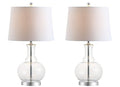 JONATHAN Y 25" Clear/Chrome and Brass Gold Glass Table Lamp Set of 2 for Bedroom, Modern Bedside Lamp for Living Room Nightstand, White Linen Drum Shade, LED Bulb Included (JYL1068B-SET2) - color: Clear