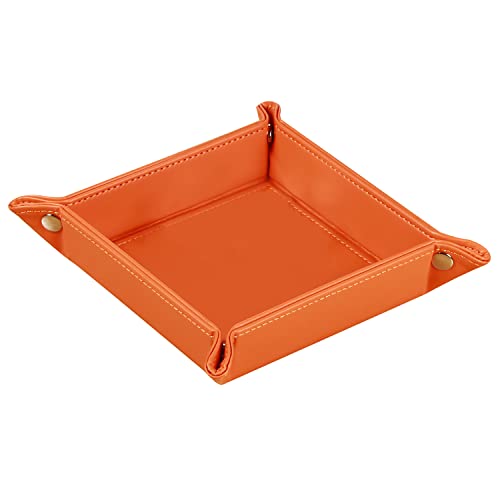 YAPISHI Key Dish Bowl for Men, Entryway Catchall Holder Bedside Table Valet Tray for Pocket Stuff, PU Leather Nightstand Organizer for Dice/Coins/Wallet/Watch/Rings/Sunglasses, Dresser/Coffee Table - color: Orange