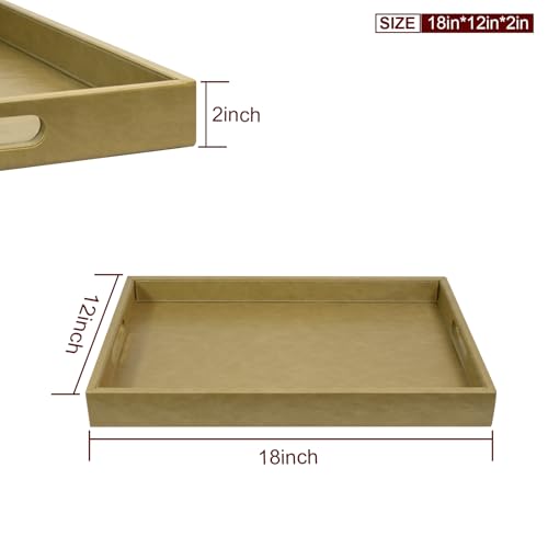 18x12 inches Leather Ottoman Serving Tray with Hole Handles, Rectangle Modern Service Tray for Living Room, Coffee Table, Bed, Tea, Food, Butler Countertop, Kitchen, Dinner, Picnic (Brown) - color: Brown, size: 18" x 12" x 2"