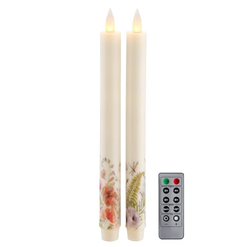 Flameless Taper Candles Flickering with Remote and Timer, 3D Moving Flame Taper Candle Battery Operated to 400 Hours, 9 Inch Window Candles, (Wild Flower) - color: Wild Flower