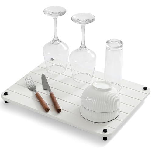 Razborci Stone Dish Drying Mat for Kitchen Counter, Water Absorbing Bathroom Tray Sink Organizer, Diatomaceous Earth Countertop Dish Rack Riser Sponge Holder Soap Dish, White, 16" x 12" - color: 1. White, size: 16" x 12" x 1"