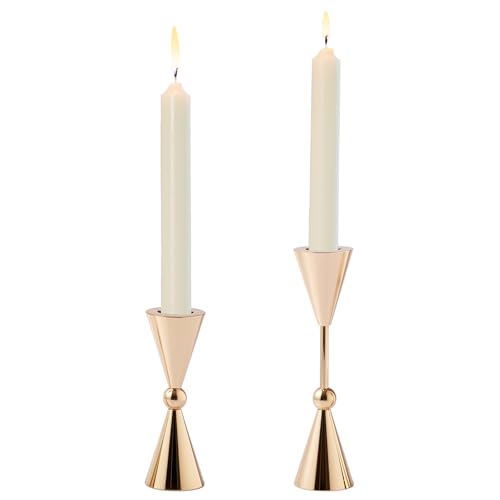 DN DECONATION Gold Taper Candle Holders Set of 2, Tapered Candlestick Holders Decor for Fall Thanksgiving Table Centerpiece Wedding Decorations, Modern Metal Candle Holder for Living Room, Mantel - color: Gold Conical