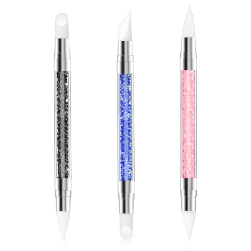 3 Pcs Nail Art Sculpture Pen, Dual Tipped Silicone Nail Tools, Silicone Head Acrylic Handle Nail Art Brushes for Design Nail Foil Carving Drawing Effect Shaping Drawing (Black, Pink, Royal Blue) - color: Black, Pink, Royal Blue