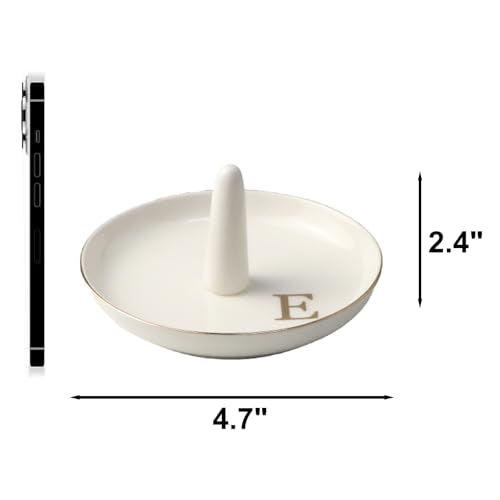 Ceramic Initials Jewelry Tray Ring Dish With Personalized E-Monogrammed Engagement Wedding Gifts, for Birthday Mother's Day for Women, Ceramic White 4.7" x2.4" - style: E