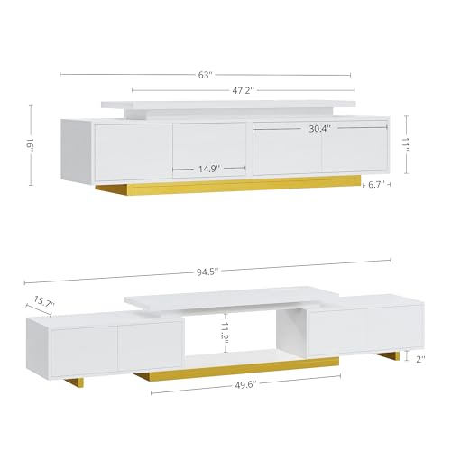 LIKIMIO Extendable TV Stand for 65-90 Inches TVs, Adjustable Length 63''-94.5'', Modern White Entertainment Center with Storage Cabinets, Charging Station & LED Lights, Media Console for Living Room