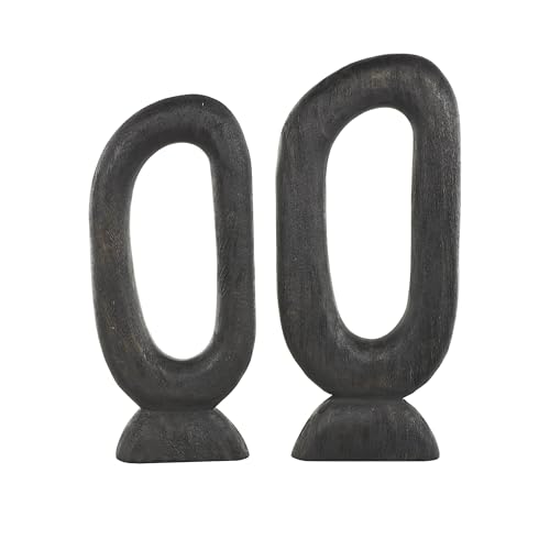 Deco 79 Mango Wood Abstract Decorative Sculpture Cutout Oval Home Decor Statues, Set of 2 Accent Figurines 20", 18"H, Black