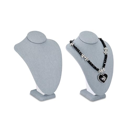 MOOCA 2 Pcs Set Small Linen Covered Wood Jewelry Display Necklace Chain Jewelry Bust Display Holder Stand, Necklaces Mannequin, 7 1/4" H, Dim Gray Linen - color: 5) Dim Gray Linen, 2 piece