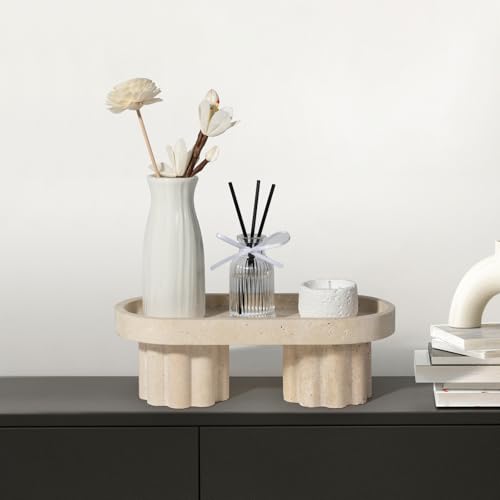 Natural Beige Travertine Oval Tray with Two Legs - 10 Inch Elegant Vanity Decor, Desk Organizer for Perfume, Jewelry & Candle Holder | Durable Stone Serving Tray