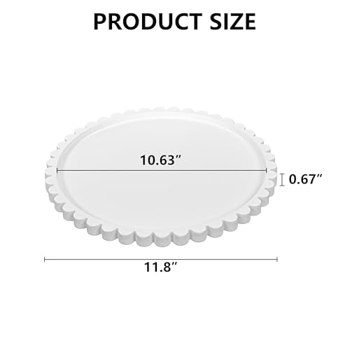 11.8 Inch Round Tray with Scalloped Edge, Decorative White Wood Tray for Coffee Table, Kitchen, Dining Room, Living Room Home Decor, Organization and Serving