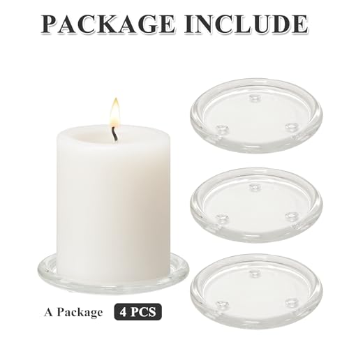 4PCS 4 Inch Clear Glass Candle Plates & Pillar Candle Holders - Small Round Candle Bases/Coasters for Dining & Wedding Table Centerpieces(Candle Not Included)