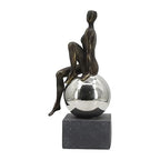 Modern Abstract Figure Sculpture, Decorative Sitting Figure on Sphere, Metal Art Statue with Concrete Base