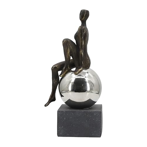 Modern Abstract Figure Sculpture, Decorative Sitting Figure on Sphere, Metal Art Statue with Concrete Base