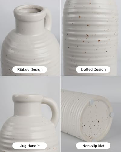 White Ceramic Vase Set of 3 with Handle – Ribbed and Dotted Jug Vases for Rustic Farmhouse Table Centerpiece, Shelf & Mantel Decor - color: White03